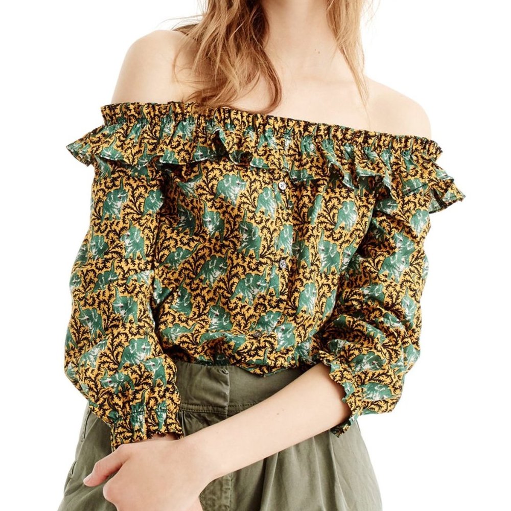 J. Crew Ratti Elephant Off Sholder Ruffle Top Sz 6 - Picture 1 of 8
